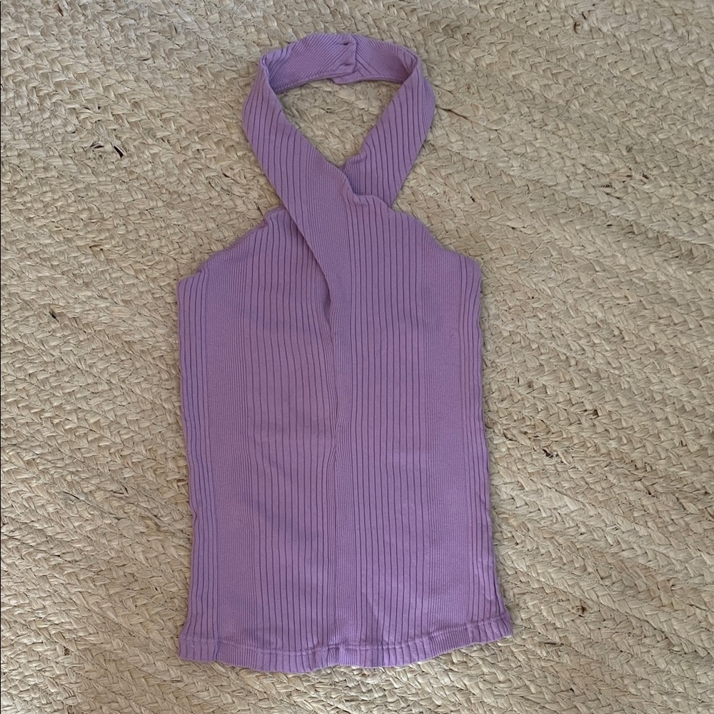 Monrow Lilac Ribbed Cross-Neck Halter Top
